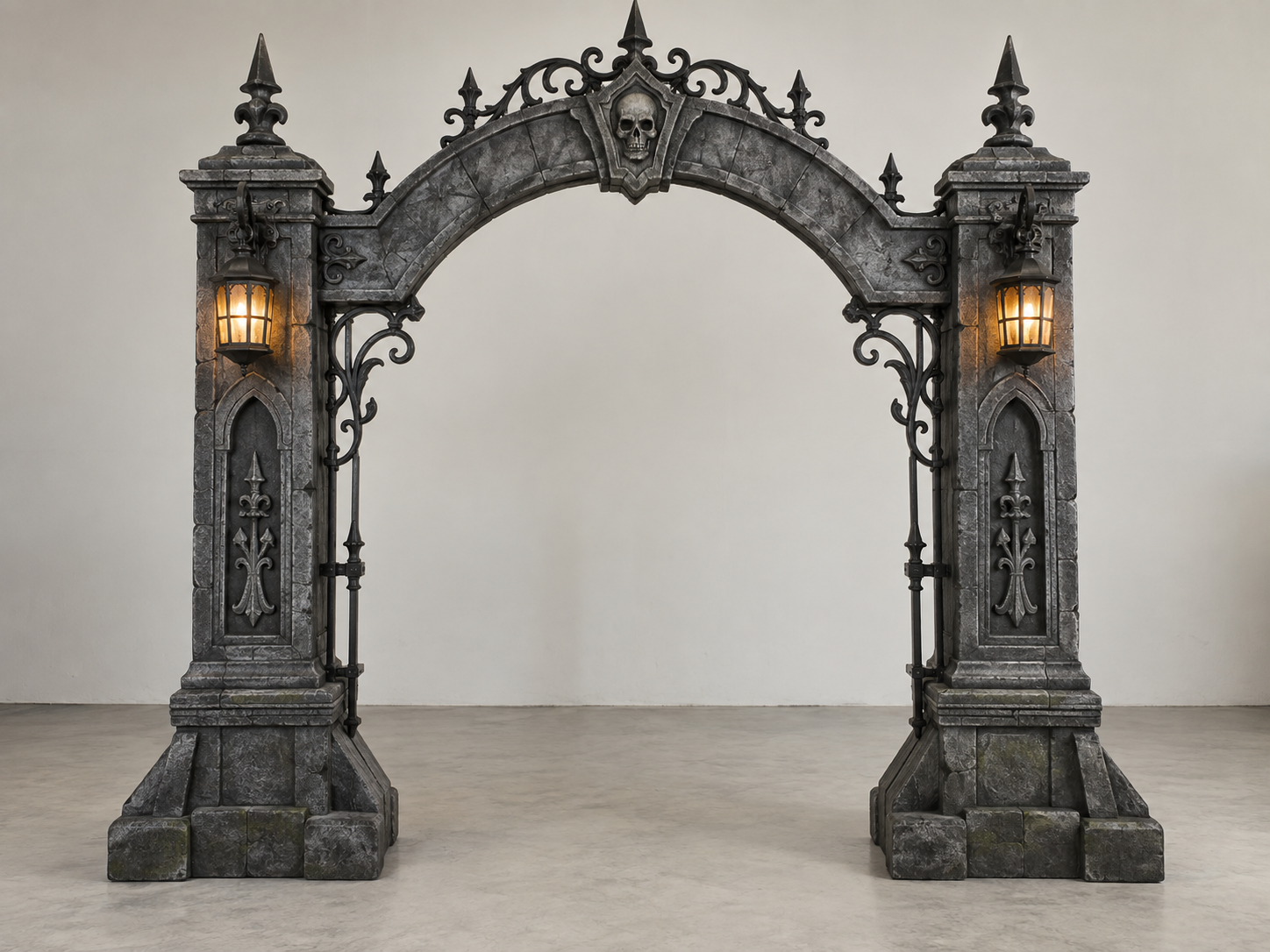 Freestanding haunted gate Halloween prop in a studio catalogue photograph