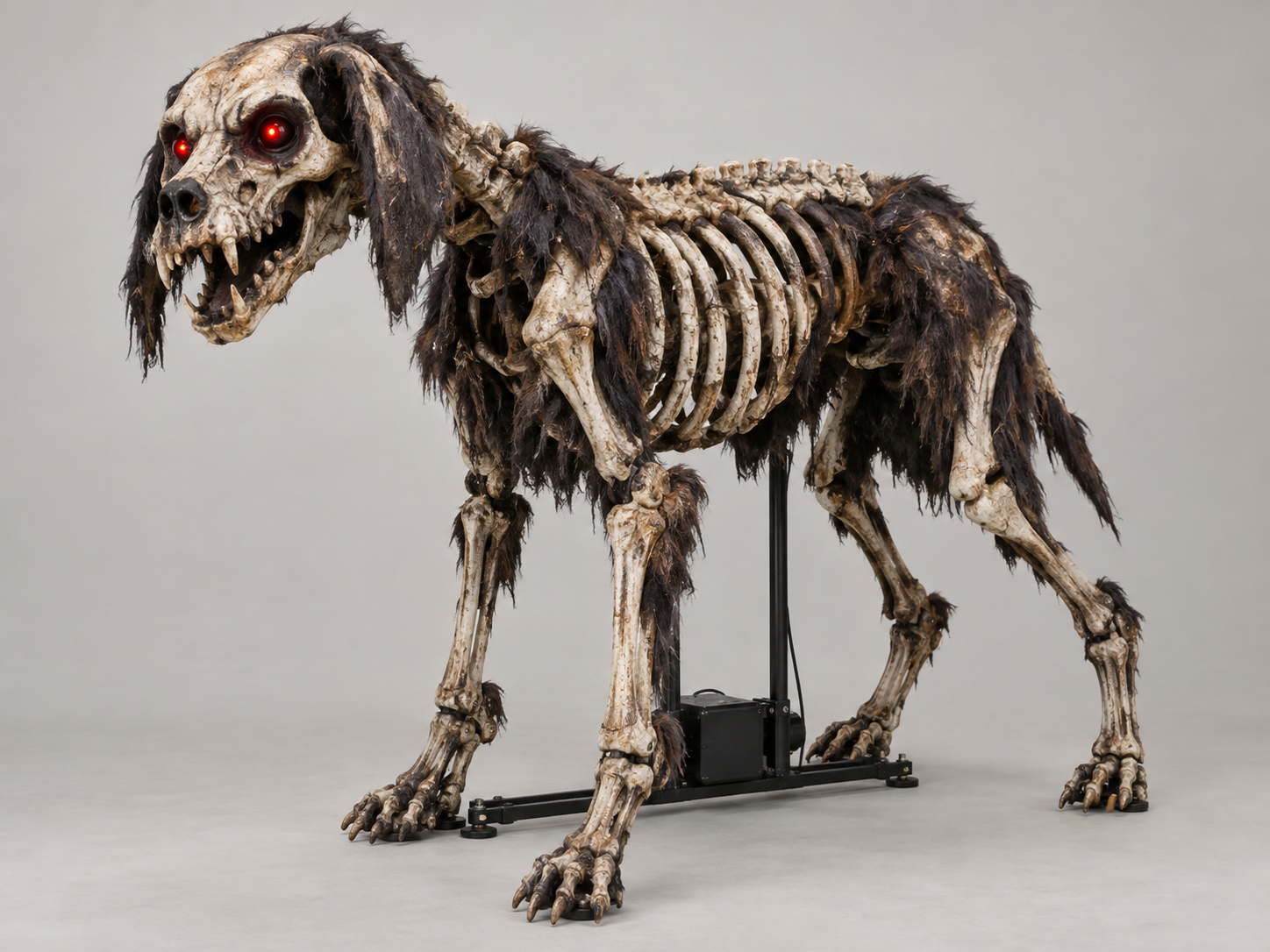 Skeletal dog animatronic Halloween prop in a studio catalogue photograph