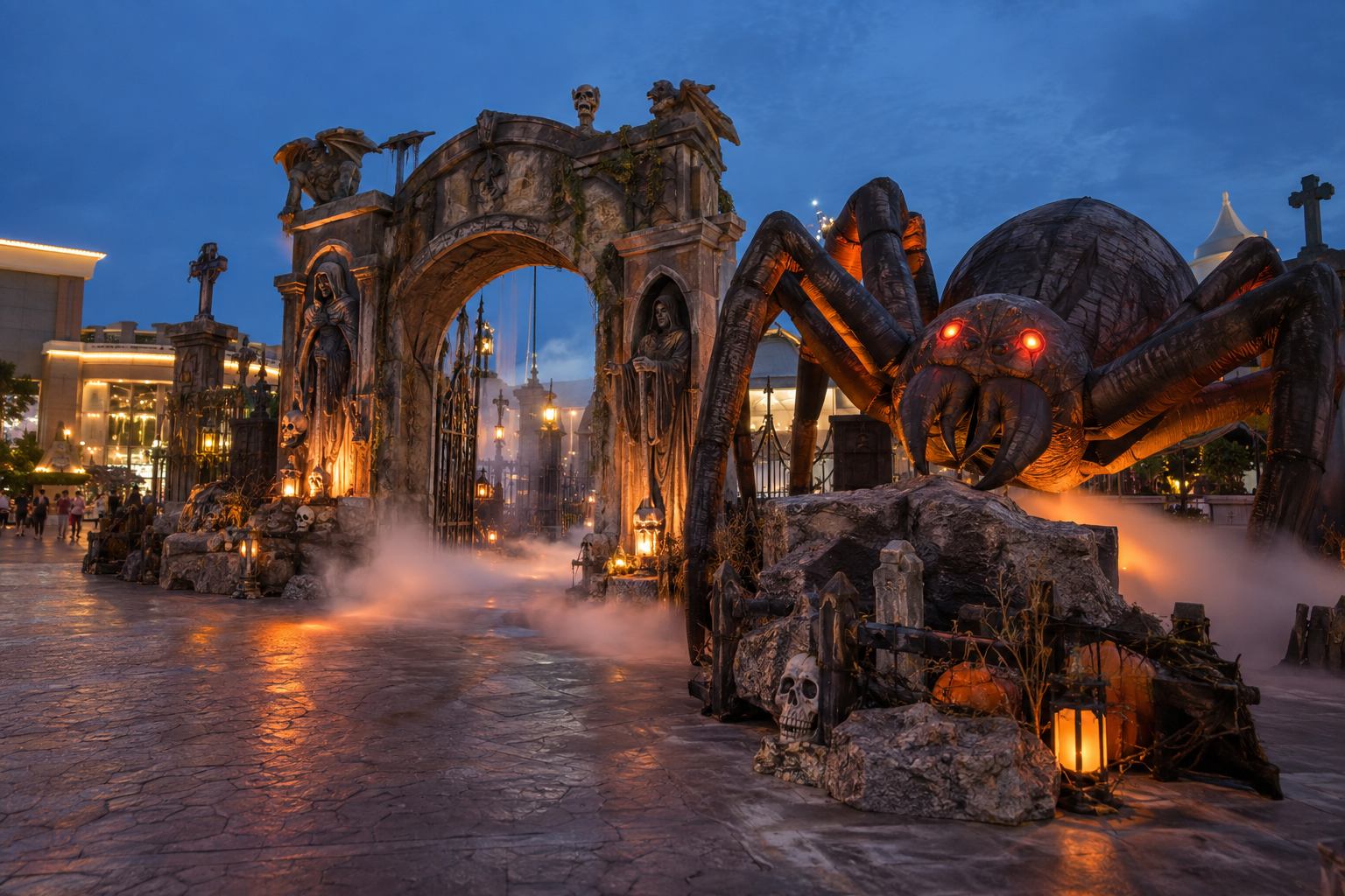 Commercial Halloween installation with large spider props and themed decorations