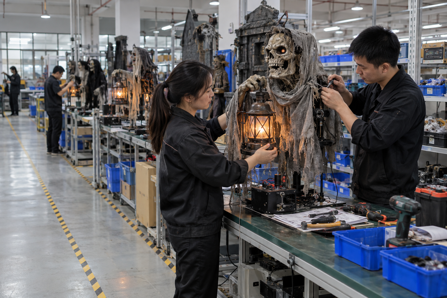Asian technicians inspecting an animated Halloween prop at a Shenzhen factory test bench